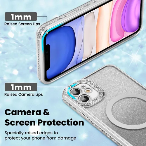 Vista 4 de ZCDAYE Funda con purpurina para iPhone 11 con decoración de diamantes, funda brillante de lujo con protector de cámara compatible con carga sin