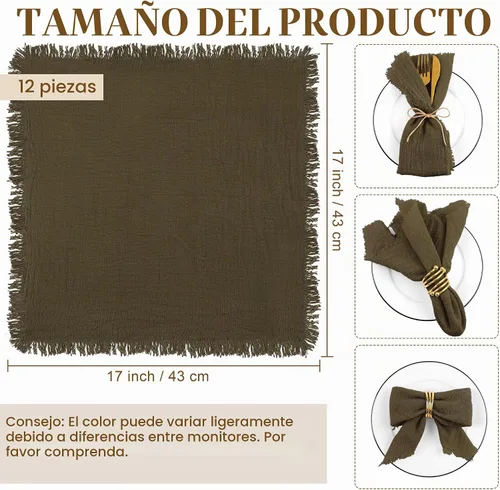 Vista 2 de TURSTIN 12 Piezas de Servilleta de Lino de Algodón Servilleta de Tela Hecha a Mano con Flecos 17 x 17 Pulgadas Servilletas Suave para Cenas Bodas