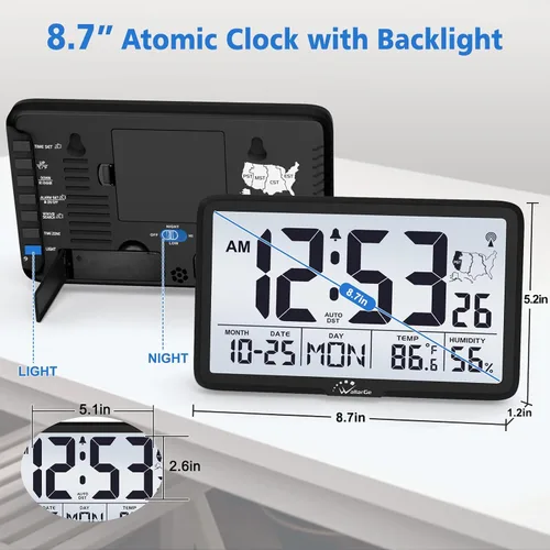 Vista 2 de WallarGe Reloj de Pared Atómico con Retroiluminación, Reloj de Pared Digital que Funciona con Pilas para Aula, Dormitorio, Oficina, Pantalla Grande