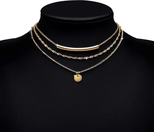 Vista 5 de Aisansty - Gargantilla elegante de varias capas hecha a mano con forma de tubo dije de moneda colgante de perla y estrella cadena ajustable