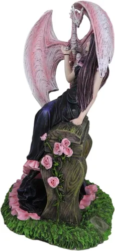 Vista 3 de Ebros Gift Fantasy Myths and Legends - Elegante dragón Wyvern rosa con hada rosa en vestido negro, damisela sentada en banco de madera, figura
