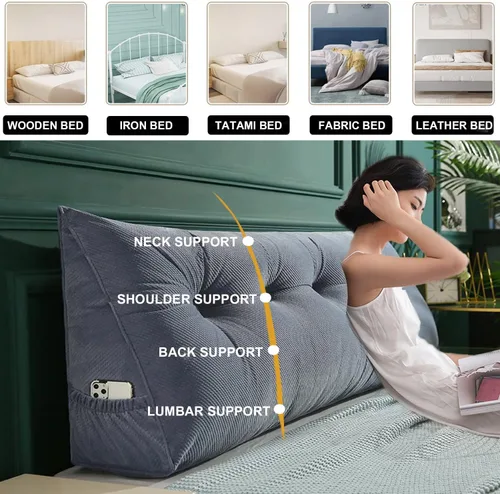 Vista 2 de Almohada triangular para cabecero, cojín triangular de color sólido, almohada grande de cuña para sofá cama, respaldo de dormitorio con funda de Azul
