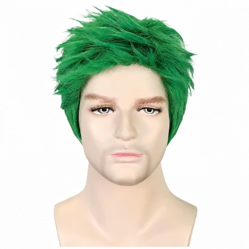 Vista 3 de Peluca verde para hombre corta recta en capas masculina peluca verde resistente al calor sintético reemplazo del pelo Verde oscuro