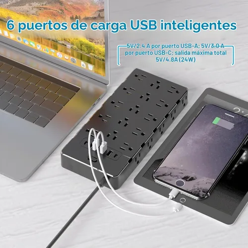 Vista 8 de Regleta de Alimentación de Protección contra Sobretensiones de Servicio Pesado - 25 Tomas de CA, 6 Puertos USB, Protección 4000J, Cable de Extensión