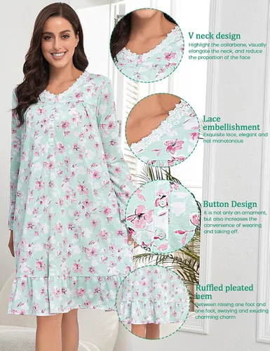 Vista 3 de MZROCR Camisones de manga larga para mujer, de algodón suave, con cuello en V, vestido de noche de encaje para mujer