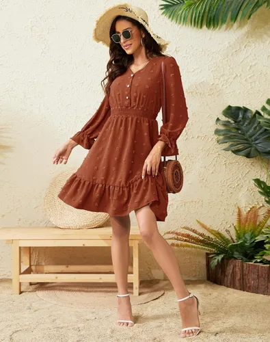 Vista 5 de Daisyaner Women's Dresses Summer Casual Dress Long Sleeve V Neck Swiss Dot Dress Smocked Short Beach Dresses