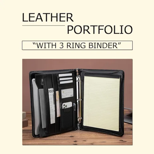 Vista 9 de Portafolio de cuero con carpeta de 3 anillas, padfolio de cuero vegano con cremallera, portafolio organizador profesional de negocios para regalo