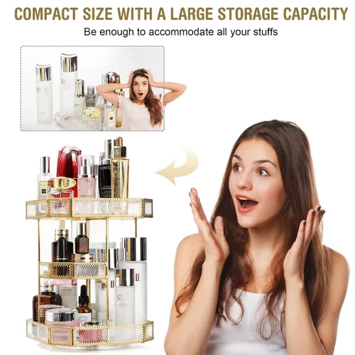 Vista 3 de ZOOFOX Organizador de maquillaje de vidrio giratorio de 360 grados, soporte grande de almacenamiento de cosméticos con ribete dorado para tocador