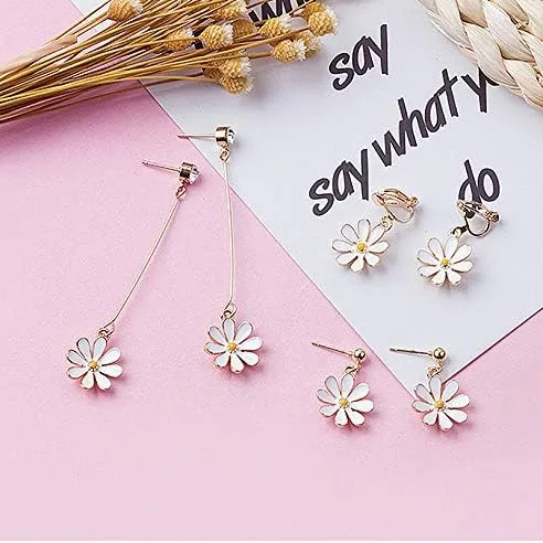 Vista 7 de Aretes de tuerca con diseño de margarita. Bonitos aretes colgantes de crisantemo con diseño de flor de sol para mujeres y niñas