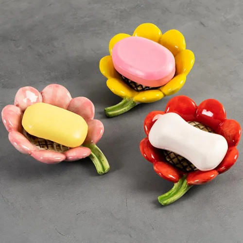Vista 4 de Sizikato Bandeja de jabón de porcelana para baño, jabonera con forma de girasol