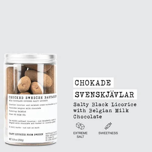 Vista 3 de Haupt Lakrits Chokade Svenskävlar! – El regaliz negro más salado del mundo con sal de salmiak recubierto en chocolate gourmet de Bélgica – Caramelo