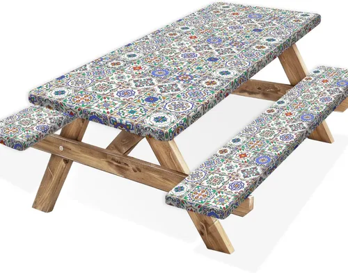 Vista 36 de Funda para Mesa de Picnic con Fundas para Bancos y Bolsa, Campista de Madera Impermeable Resistente al Viento, Cubierta de Mantel Ajustada con Borde