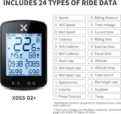 Vista 2 de XOSS G+ Gen2 - Computadora de bicicleta con GPS con soporte, velocímetro inalámbrico Bluetooth de 2.2 pulgadas, odómetro de bicicleta ANT+