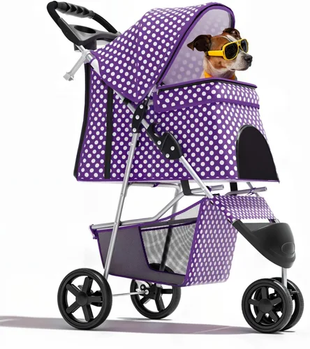 Vista 13 de Magshion Cochecito para mascotas de 3 ruedas, cochecito de viaje plegable para perros y gatos pequeños y medianos (hasta 33 libras), transportador