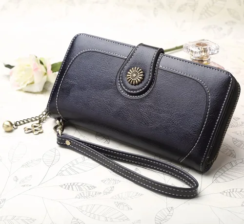 Vista 2 de Cartera con tarjetero para mujer, con bloqueo RFID, gran capacidad, de lujo, cera, embrague, Negro -, Cuero