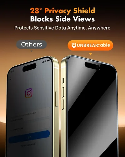 Vista 2 de UNBREAKcable Protector de pantalla de privacidad para iPhone 15, paquete de 3 unidades de vidrio templado de cobertura completa [antiespía de 28°]