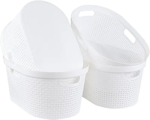 Vista 8 de Paquete de 4 cestas para la ropa sucia con mango recortado, cestas de plástico blanco, 40 L Dirty Clothes Storage Hamper