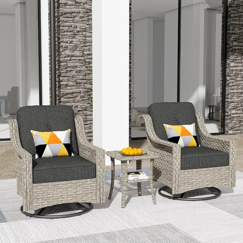 Vista 60 de HOOOWOOO Sofá de patio de 3 plazas de mimbre para exteriores, resistente a todo tipo de clima, con respaldo alto, muebles a juego (beige y bronceado)