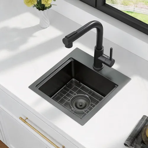 Vista 3 de Kichae Fregadero de barra negro de 15 x 15 pulgadas, pequeño montado en la parte superior, acero inoxidable, repisa de un solo cuenco, estación