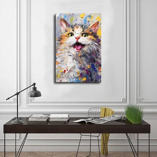 Vista 3 de Fyzuf Arte de pared de gato, pintura al óleo sobre lienzo, póster de lindo cubismo de gato, colorido, lindo, gatos, decoración estética, habitación