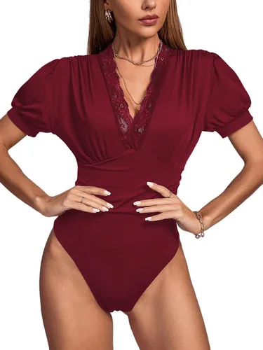 Vista 6 de LYANER Body de manga corta abombada con cuello en V y ribete de encaje para mujer