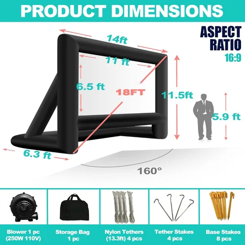 Vista 5 de GYUEM - Pantalla inflable de 5,5 m para proyector de películas al aire libre; el paquete incluye cuerdas, inflador y estacas de tienda de campaña