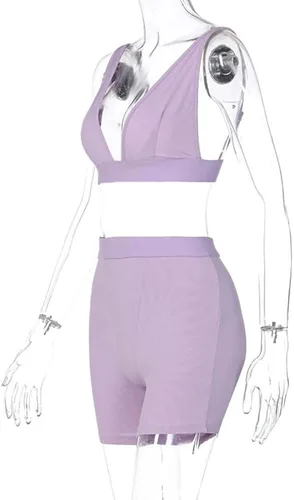 Vista 4 de Conjunto de entrenamiento para mujer 2 piezas sin mangas brasier deportivo top corto leggings ajustados pantalones cortos para yoga gimnasio ropa