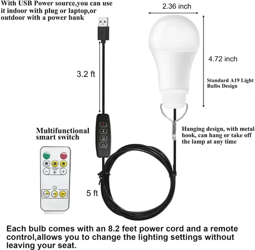 Vista 4 de Paquete de 2 bombillas USB regulables alimentadas por USB de 5 V 7 W, lámpara colgante para exteriores, portátil, para campamento, camión, tienda