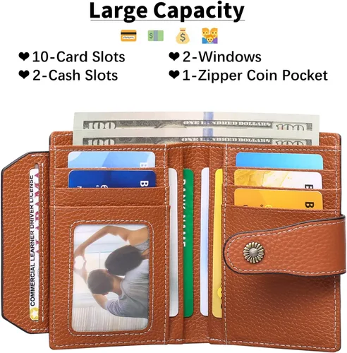 Vista 2 de FALAN MULE Cartera pequeña para mujer, de piel auténtica, plegable, compacta, con bloqueo RFID, pequeña cartera para mujer, ZAO-Caramelo, Compacto