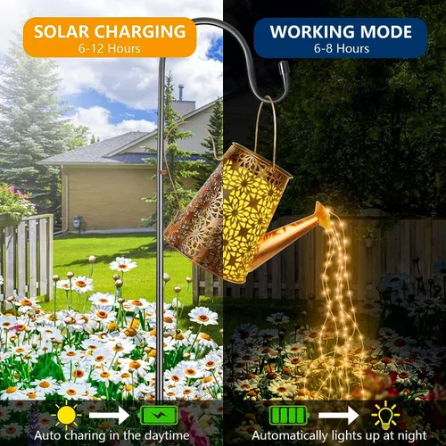 Vista 5 de Luces solares para regadera, luces solares para exteriores, colgantes al aire libre, impermeables, con 90 luces LED, decoraciones para césped
