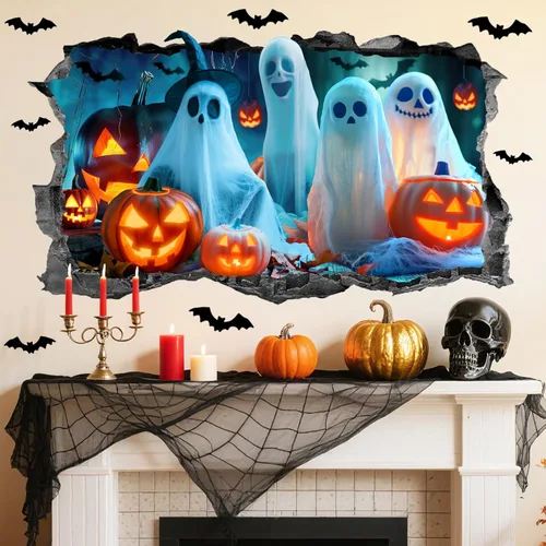 Vista 10 de Decoración de pared de Halloween, calcomanías de Halloween 3D para ventana falsa, despegar y pegar, calabazas, esqueleto, murales artísticos