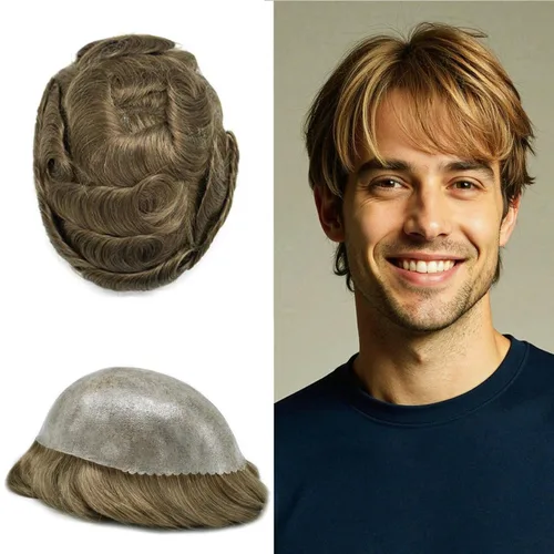 Vista 432 de Toupee para hombre 100% cabello humano real tupé para hombres 0.004 in piel de poliuretano para hombre, sistema de reemplazo de piezas de pelo