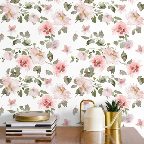 Vista 2 de VEELIKE Papel tapiz floral rosa suave de 17.7 x 118 pulgadas, papel de contacto floral de peonías vintage para paredes, armarios, estantes