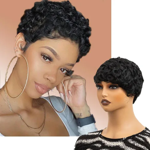 Vista 6 de Cabello rizado Pixie para mujer con flequillo para mujer (negro y rizado) Pixie - Pelucas sintéticas en capas, pelucas cortas para mujeres negras