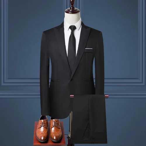 Vista 2 de Conjunto de traje ajustado de 2 piezas para hombre, talla grande, chaqueta de 2 botones y pantalones de vestir sólidos para negocios, boda, fiesta
