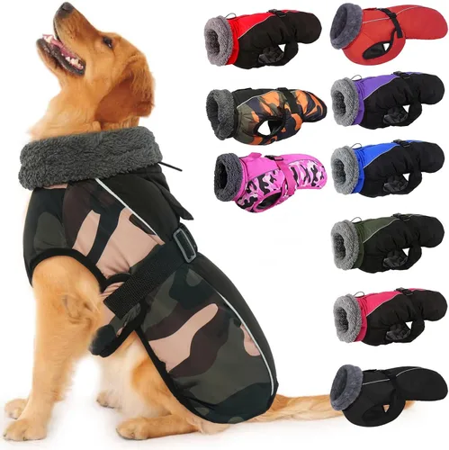 Vista 17 de IECOii - Abrigo extracálido para perro, chaqueta reflectante ajustable, invernal, suave, cuello alto, hebilla, forro de vellón, para clima frío