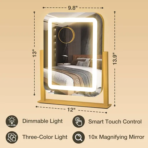 Vista 2 de Espejo de tocador de 12 x 13.9 pulgadas con luces, espejo de maquillaje LED