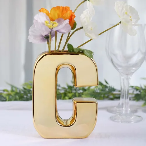 Vista 10 de Efavormart.com Maceta de cerámica chapada en oro brillante de 6" con escultura de letra B, florero para plantas de brotes, pieza central de mesa