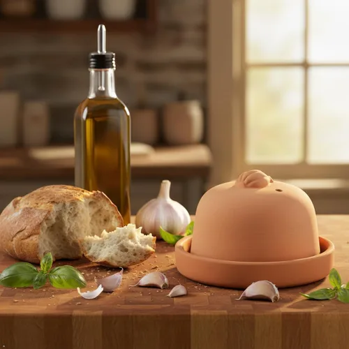 Vista 6 de Eurita Terra Cotta - Asador de ajo con tapa y ventilación de vapor, horneador de ajo de arcilla natural para horno o microondas, plato para asar ajo