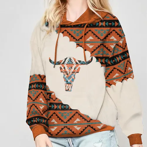 Vista 3 de Lanaoree Sudadera con Capucha Pullover para Mujer con Estampado Geométrico de Caballo Azteca Vaquera Occidental Étnica con Estampado de Rombos