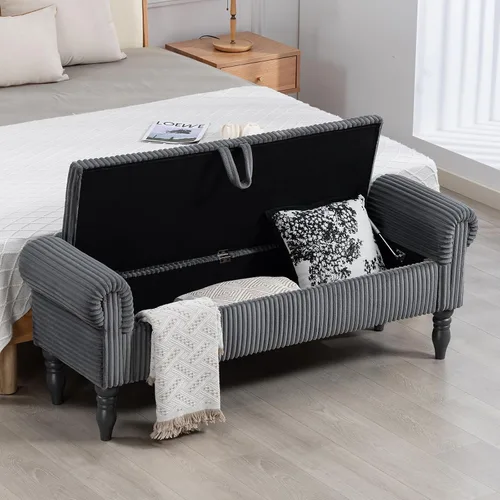 Vista 18 de Banco tapizado de pana de 55 pulgadas con brazos enrollados para dormitorio, color blanco
