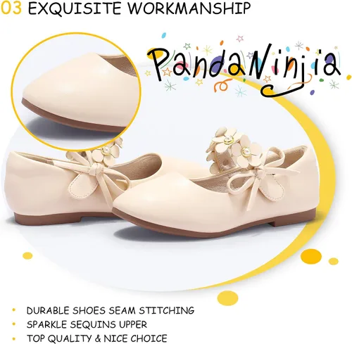Vista 5 de PANDANINJIA Zapatos de vestir para niñas pequeñas, zapatos planos de flores con perlas, lazo Mary Jane, zapatos de flora para fiesta de boda
