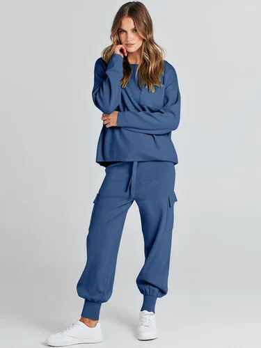 Vista 7 de ANRABESS Conjuntos de dos piezas para mujer, conjuntos de suéter de punto de manga larga, sin botones, pantalones cargo para correr, conjuntos a
