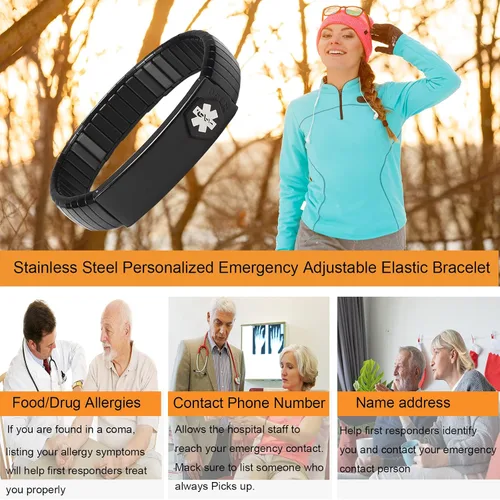 Vista 10 de Pulsera de alerta médica para hombres y mujeres, pulsera de identificación médica ajustable ajustable de acero inoxidable para diabetes, alergias