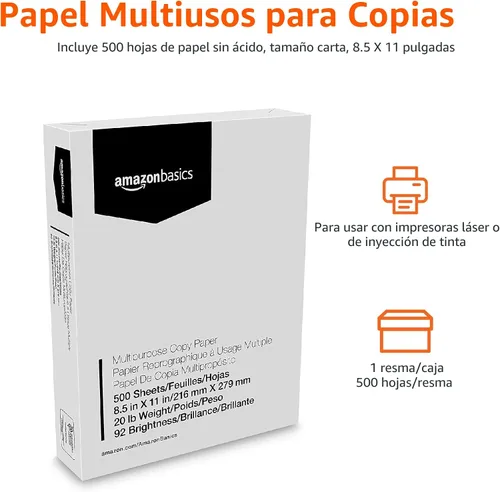 Vista 2 de Amazon Basics - Papel para impresora multiusos, 20 libras, 8.5 x 11 pulgadas, 1 resma (500 hojas), blanco, luminosidad 92 GE