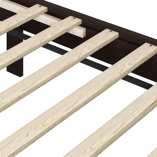 Vista 9 de Yaheetech - Marco de cama de madera con plataforma de tamaño matrimonial, cabecera de granja, color espresso Rubber wood and plywood frame with 12