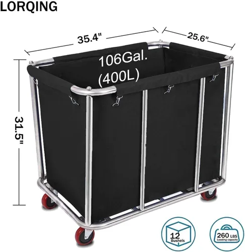 Vista 2 de Cesta de lavandería con ruedas de 105 galones, carrito comercial de gran capacidad para ropa resistente de 400 litros con marco de acero inoxidable