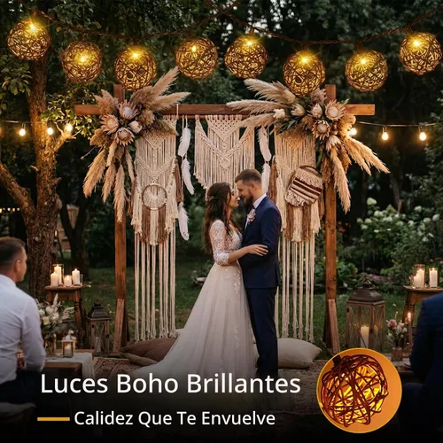 Vista 6 de Vigdur Luces de Cadena de Bolas de Ratán, Luces de Cadena de Linterna Boho con 10 Bombillas LED Conectables, Luces de Cadena para Interiores