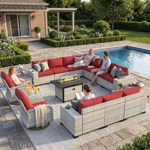 Vista 81 de Muebles de patio al aire libre conjunto PE mimbre ratán al aire libre sofá seccional Gris