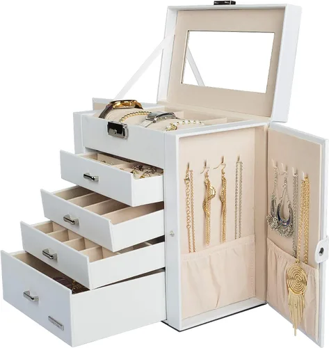 Vista 2 de Homde Paquete de caja de joyería negra una enorme caja de joyería + una caja de joyería blanca con 10 cajones